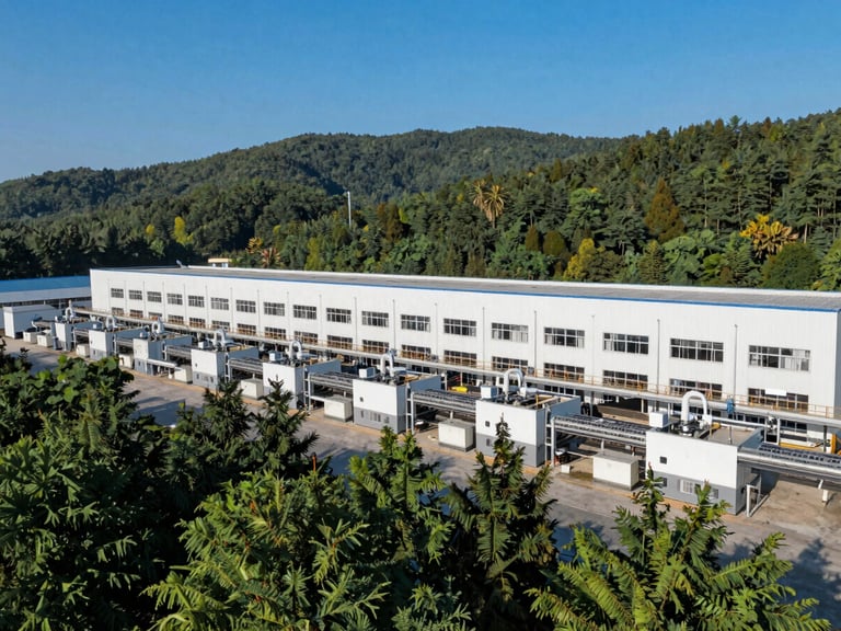 Wide architectural perspective of a clean industrial manufacturing facility with automated machinery, bright morning daylight, cool forest greens and deep blues, sharp focus, 35mm