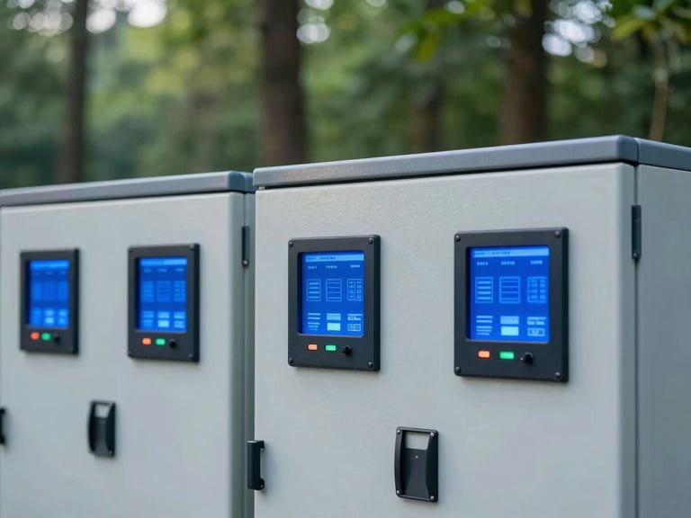 Close-up of a modern industrial control panel with glowing blue data interfaces, crisp architectural photography, bright morning daylight, cool forest greens and deep blues, sharp focus, 35mm