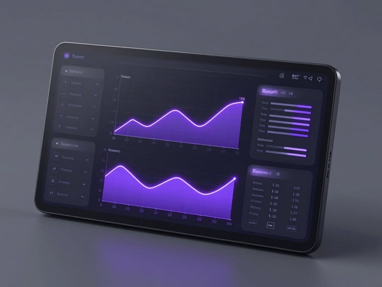 Sleek dark-mode 3D render of a high-fidelity dashboard interface with glowing electric violet charts and technical lines, minimalist glassmorphism, clean studio lighting