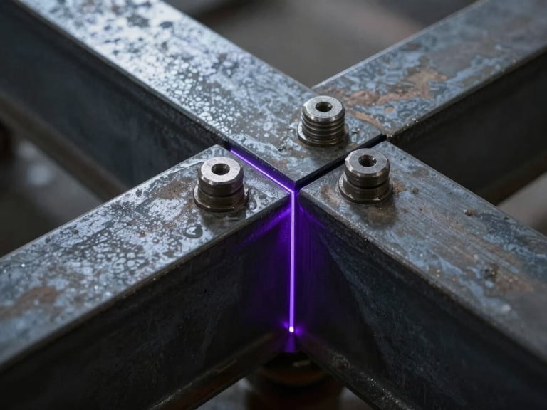Macro-photography of raw structural steel beams joined by massive bolts, low-key dramatic lighting with a subtle purple laser-line highlighting the seam precision.