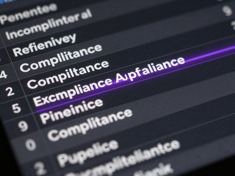 A close-up, high-contrast digital interface showing a compliance pipeline ledger, with sharp white typography on dark gray panels and a single glowing violet line tracing an active permit approval path.