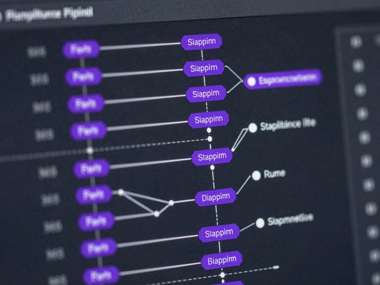 Extreme close-up of a high-fidelity compliance pipeline UI, displaying real-time statutory mapping nodes in laser-violet, dark obsidian background.
