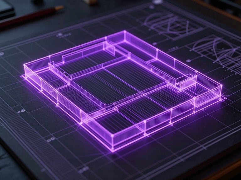 Wide architectural blueprint overlay with a glowing digital compliance grid, sharp laser-violet lines tracing structural details, dark low-key lighting.