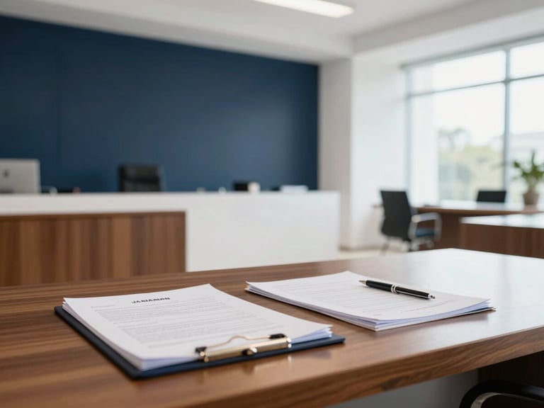 A modern Jamaican legal office with clean architectural lines, bright natural daylight, a polished mahogany table in the foreground with legal documents and a pen, soft focus background.