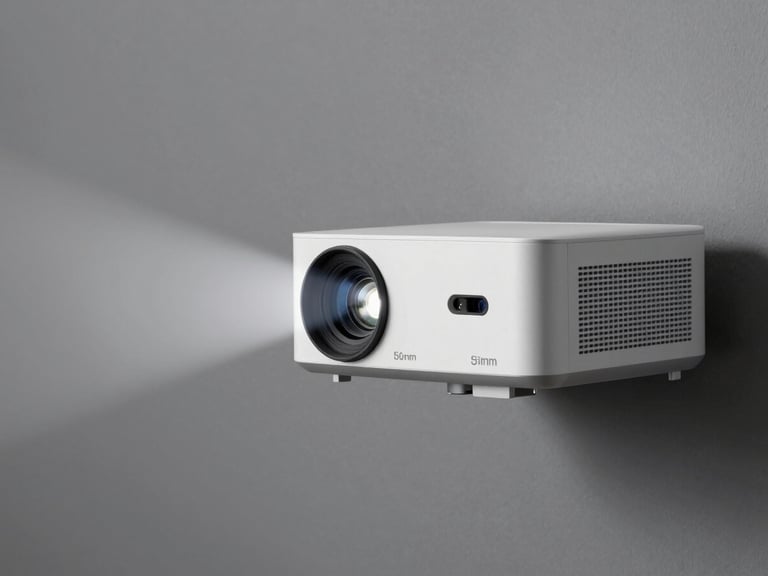 Compact mini projector casting a bright image onto a wall in a dimly lit room. Sharp product photography, high-contrast details, neutral background.