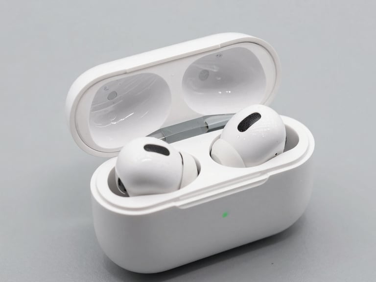 Pair of premium wireless earbuds resting in their charging case, open lid. Bright studio lighting, high-contrast details, neutral background.