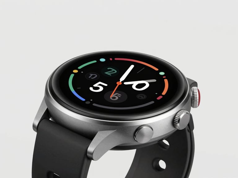 Close-up of a sleek, modern smartwatch on a neutral background, screen displaying a fitness tracker interface. Bright studio lighting, high-contrast details.