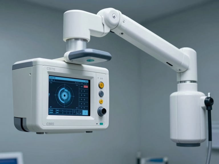 Macro shot of a sleek, white CBCT dental imaging arm, cool clinical lighting, sterile background, high-contrast digital interfaces.