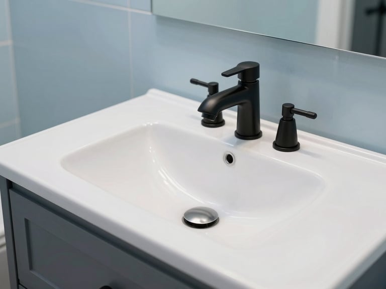 Bright indoor shot of a completed luxury bathroom vanity with matte black fixtures and clean ceramic basin, showcasing a spotless zero-mess finish.