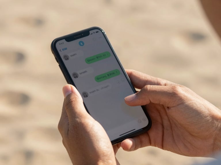 Close-up of hands holding a smartphone displaying a chat, warm natural outdoor daylight, soft sand-colored background, shallow depth of field.