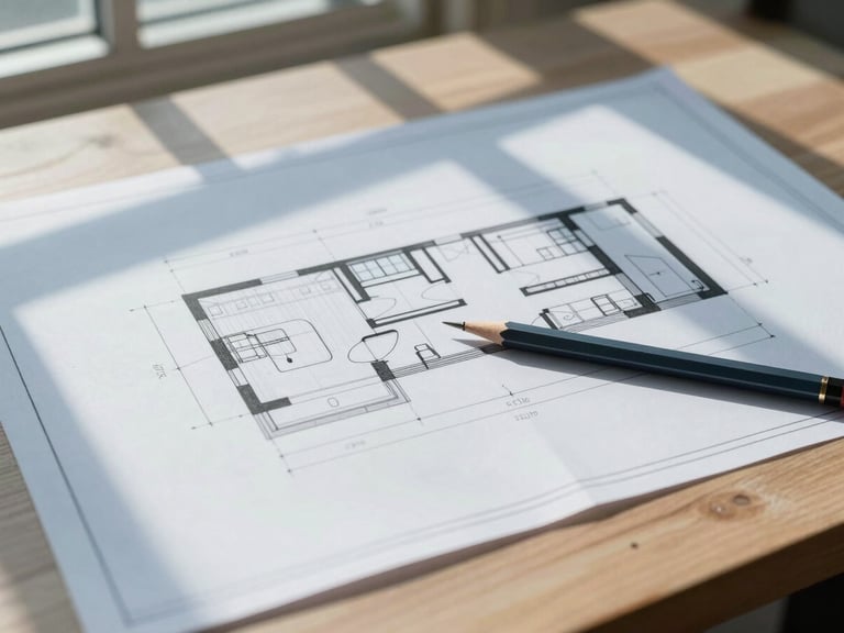 Architectural blueprint layout on a wooden table, sharp mechanical pencil, cool daylight, shadows of window frame, clean technical drawing of HVAC ductwork