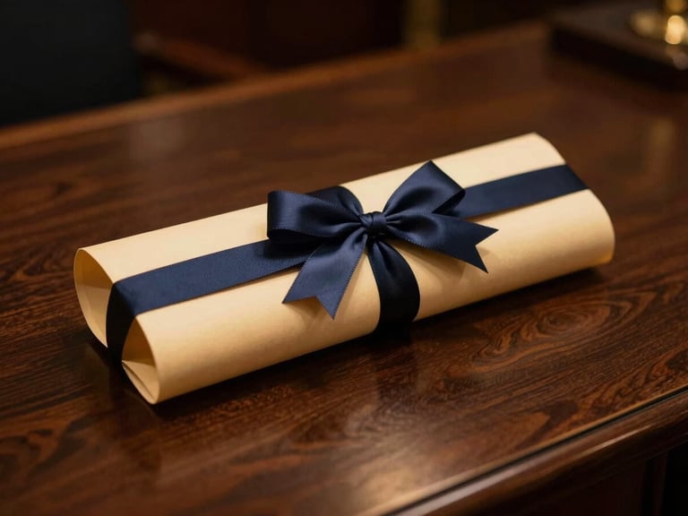 Elegant gold-foiled diploma with a navy blue ribbon, resting on a dark wood desk with a subtle warm glow, shallow depth of field.
