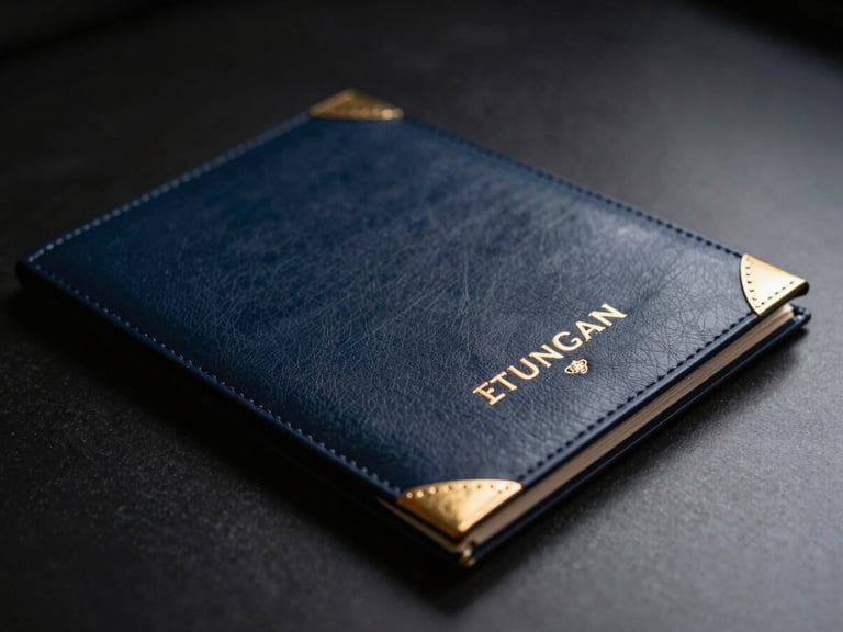 Close-up of a premium leather-bound certificate folder, embossed with gold accents, on a dark, polished surface, dramatic low-key lighting.