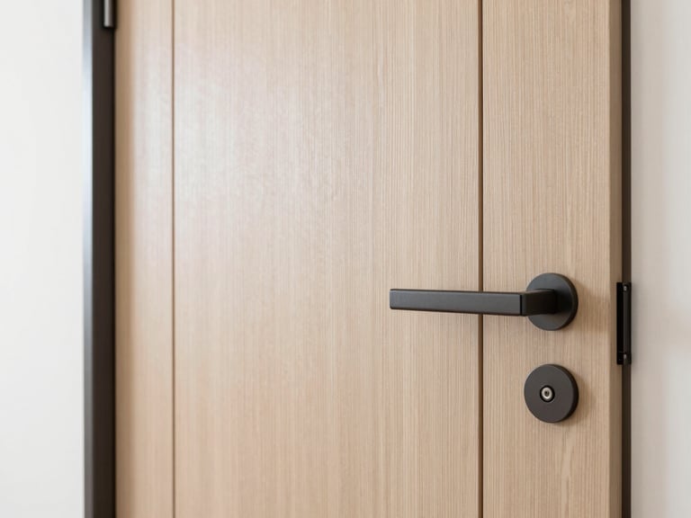 Newly installed modern interior door with clean lines, soft natural light illuminating the wood grain, architectural detail, Verona
