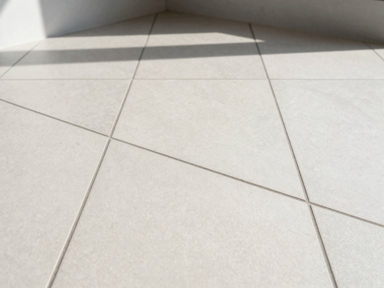 Close-up of perfectly aligned ceramic floor tiles in a modern bathroom, bright natural daylight, crisp focus on grout lines, architectural detail, Verona