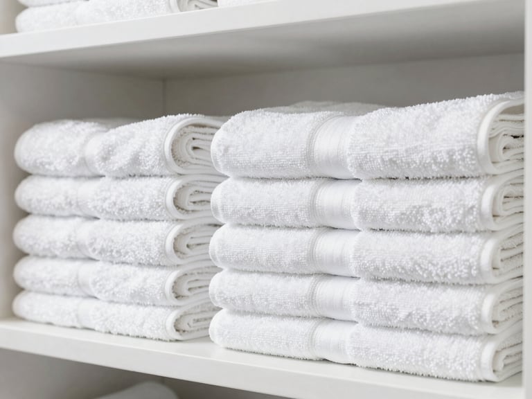 Brightly lit modern hair salon, neatly folded white towels stacked on a clean shelf, crisp daylight, sharp focus on the textiles.