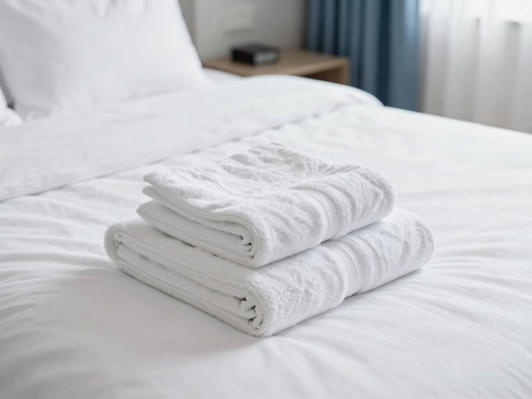 Cozy, minimalist hotel room, freshly laundered white bed linen and towels, natural light emphasizing cleanliness and inviting atmosphere.