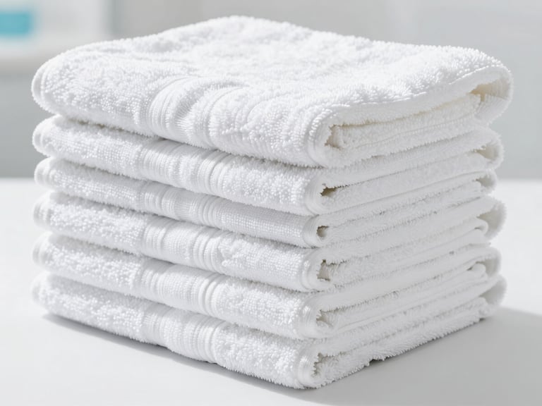Pristine stack of neatly folded white towels on a clean surface, bright high-key commercial photography, crisp daylight, sharp focus, professional hygiene.