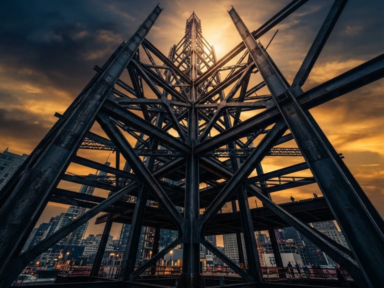 Low-angle heroic shot of massive structural steel framework under dramatic golden hour sky, steel grey and deep navy tones, cinematic wide lens