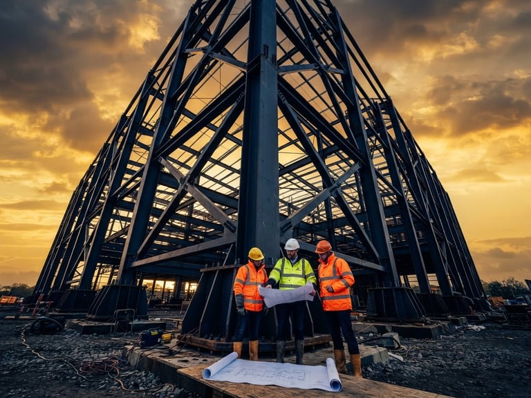 Low-angle heroic shot of massive structural steel framework against a dramatic golden hour sky, engineers in high-visibility gear reviewing blueprints below.