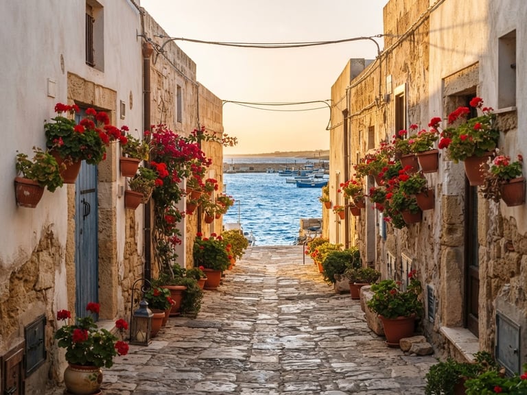 Bright golden-hour environmental shot of a narrow paved alley in Marzamemi leading to the blue sea, white stone walls, potted red geraniums, warm coastal glow, 35mm lens