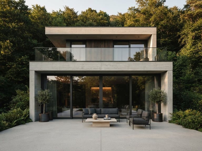 Straight-on architectural photograph of a modern minimalist villa with large anthracite aluminum sliding windows, soft late-afternoon sun, clean concrete terrace, high-end editorial style