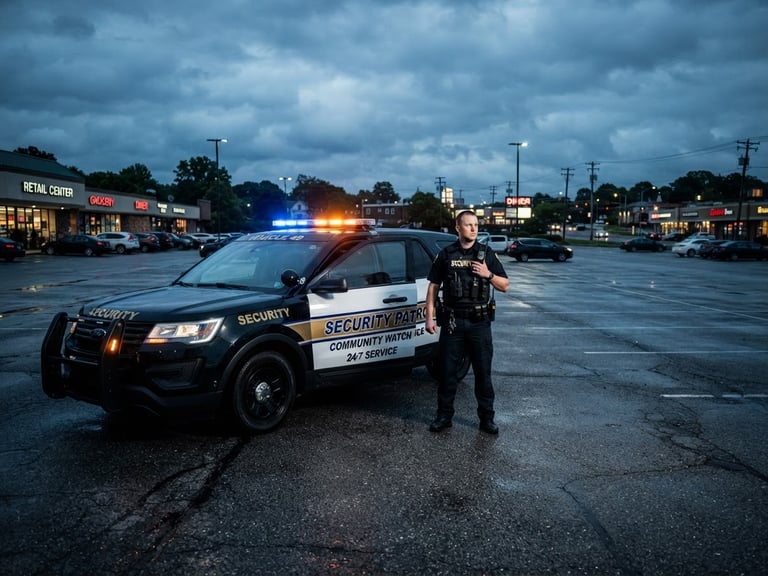 Wide shot of a marked security patrol vehicle with flashing lights, parked on a commercial property lot at dusk, uniformed officer standing beside it, cool overcast sky, high-contrast, sharp details.
