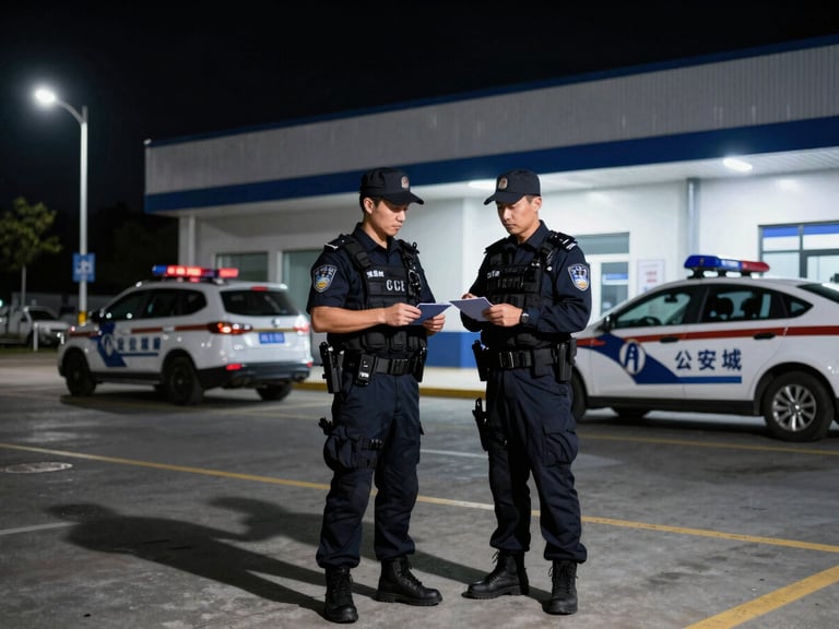 High-contrast image of a uniformed security officer conducting a patrol check near a commercial building at night, illuminated by streetlights, with a marked patrol vehicle in the background.