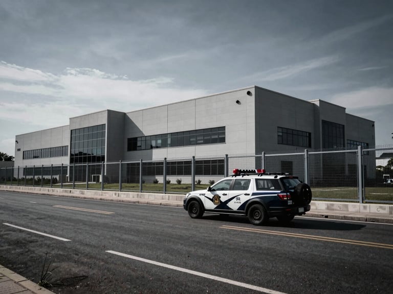 Wide environmental shot of a secure perimeter fence around a corporate facility, with a marked patrol vehicle driving alongside, cool overcast sky, high-contrast.