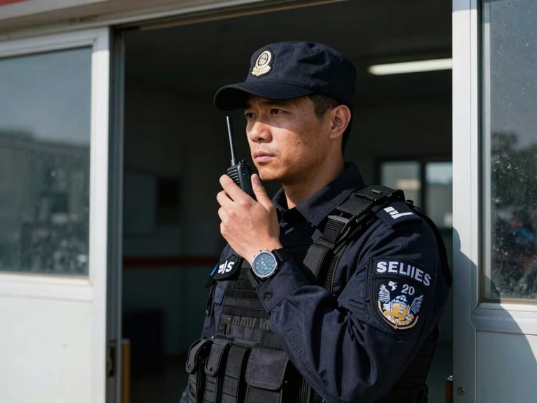 Medium close-up of a uniformed security officer standing alert at a gate entrance, hand on radio, focused on duty, high-contrast daylight, sharp details.