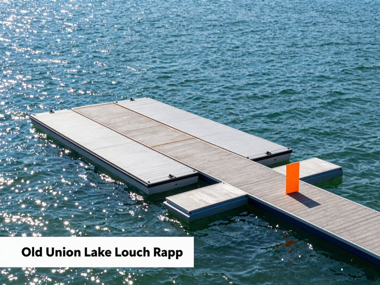 A satellite-style clean map graphic of Old Union Lake boat launch ramp, showing boat slips and a bright orange marker indicating Willsons Dockside delivery spot