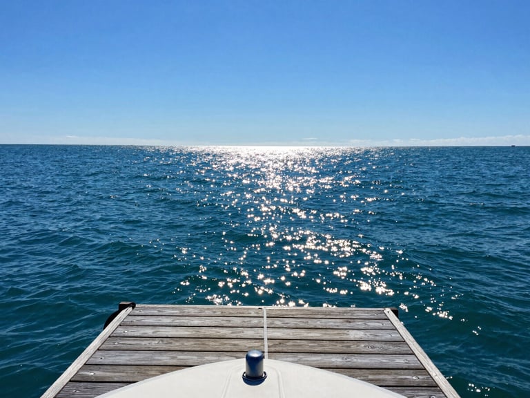 First-person perspective from a boat pulling up to a sunny wooden dock on a bright summer day, sparkling water reflections, vivid blue sky