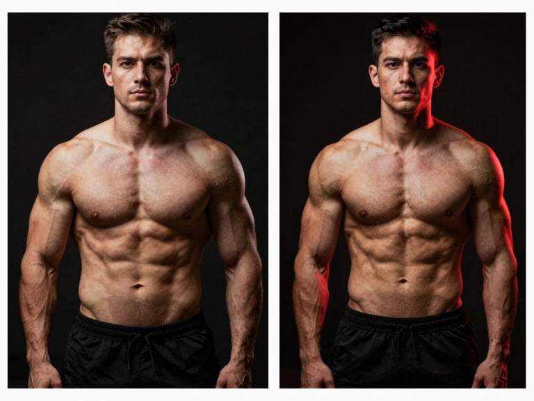 Before and after portrait of a male athlete, showcasing substantial muscle mass increase, dark background, intense lighting.