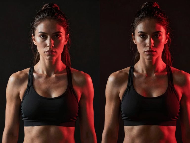 Before and after portrait of a female athlete, showing significant muscle definition and leanness, dramatic red rim lighting, high contrast, studio setting.