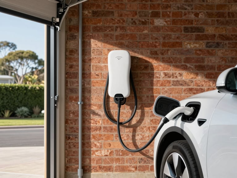 A clean, modern garage interior with a premium white EV charger mounted neatly on a painted brick wall. A sleek electric vehicle is plugged in with a heavy-duty cable. Bright, natural Australian daylight streams in from an open garage door, highlighting clean conduit work.