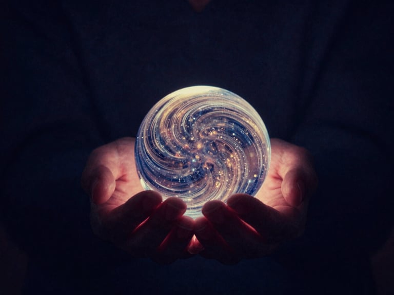 Hands gently cupped, holding a luminous, swirling orb of light, dark background with subtle starlight, soft glow, deep indigo and hints of gold.