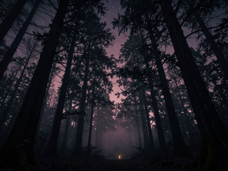 Wide panoramic view of a dark, mysterious forest at night, ancient trees silhouetted against a starlit sky, subtle mist, evoking deep ancestral connections.