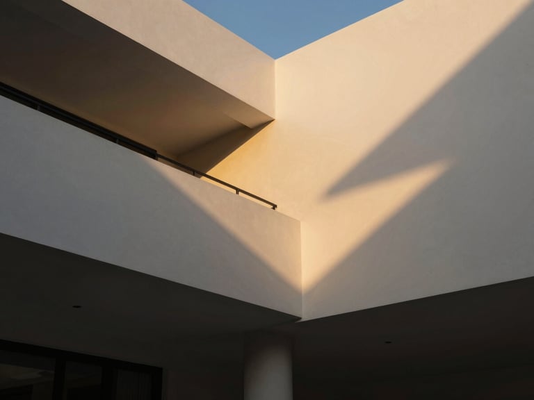 Low-angle architectural shot of a luxury Riyadh villa interior, pristine painted walls catching dramatic side golden hour sunlight, sharp focus, 35mm lens