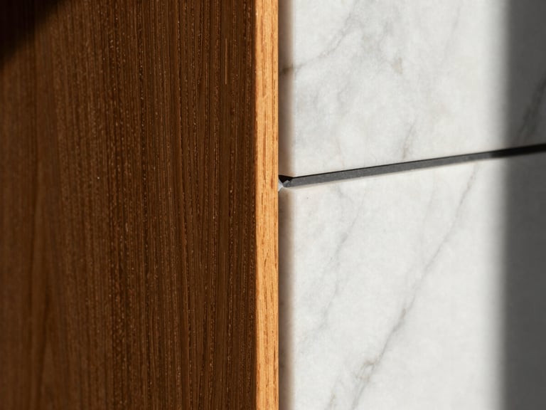 Macro close-up of a flawless wall transition between warm textured wood panels and a polished white marble alternative, sharp focus on the crisp clean seam, dramatic side-lighting, premium architectural detail