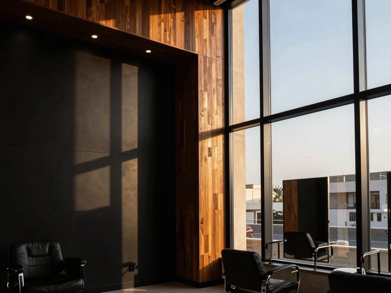 Dramatic architectural photo of a modern Riyadh salon, golden hour sunlight streaming through large glass windows, highlighting the texture of a custom-installed wood alternative wall panel next to a smooth matte black accent wall, 35mm lens, sharp focus