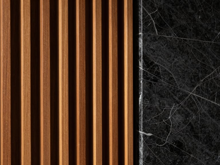Close-up of a seamless transition between architectural wood slats and a polished marble wall panel, dramatic side-lighting highlighting the rich grain and glossy stone texture, ultra-clean craftsmanship, sharp focus.
