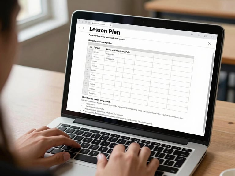 Close-up over-shoulder shot of a laptop screen showing a clean lesson plan document with a rubric table and differentiation notes visible, hands resting on the keyboard at the bottom of frame, empty classroom desk surface in background, available window daylight from the left, sharp screen detail