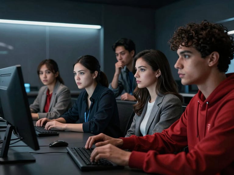 A diverse group of adults in a dark Texas classroom learning digital defense, looking intently at a screen with cool metallic blue backlighting, focused expressions.