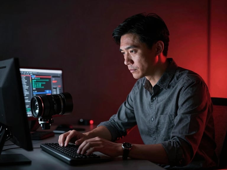 Cinematic low-key photo of a serious cybersecurity training environment, steel gray tones, focused technical instructor, crimson red backlighting, 35mm lens