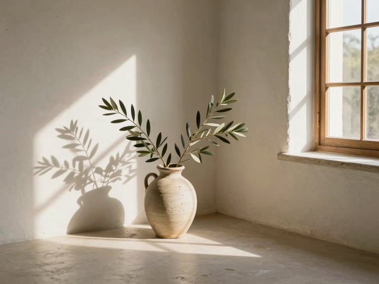 Serene sun-drenched meditation space with soft shadows, natural white plaster walls, olive branches in a ceramic vase, warm editorial photography, 35mm