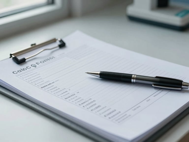 Close-up environmental shot of an open medical file on a clinical desk, printed diagnostic reports and annotated lab results visible, a physician's pen resting on the page, even cool daylight from a nearby window, no faces visible, precise and orderly
