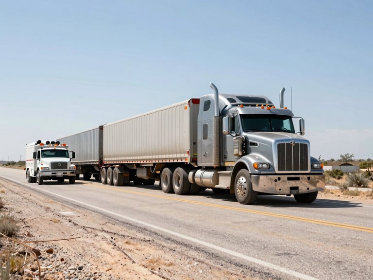 Wide-angle shot of a heavy-haul truck with an escort vehicle on a remote Texas road, showing route scouting in progress, harsh daylight, expansive sky.