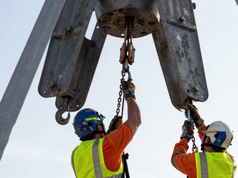 Close-up of industrial riggers in high-visibility gear securing a heavy structural component with chains and specialized hooks, sharp focus, gritty industrial photography.