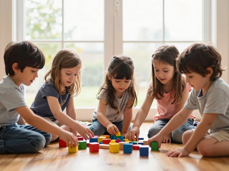 Group of young children playing with colorful wooden blocks on a warm wooden floor, bright natural daylight streaming through large windows, candid expressions of joy