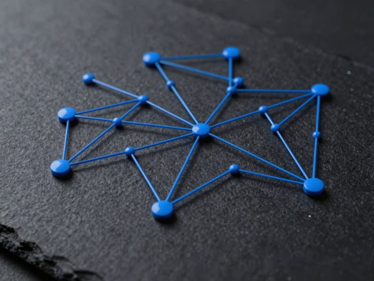 Abstract architectural network diagram with sharp electric blue lines and nodes on a dark slate background, high contrast, clean technical design